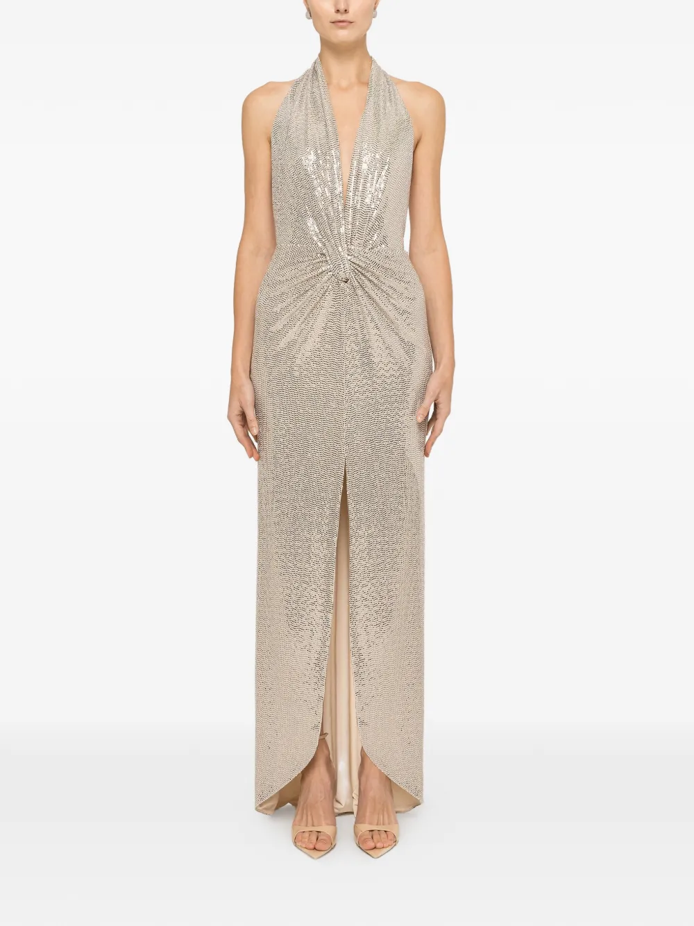 NISSA Maxi-jurk verfraaid met pailletten en open rug - Beige