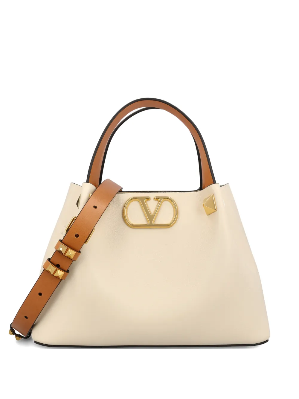 Valentino Garavani Stud Logo-plaque Shoulder Bag In Neutral
