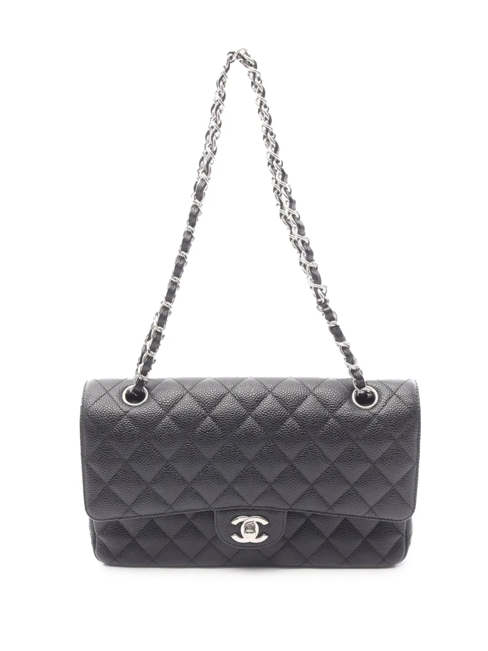 Pre-owned Chanel 2018 Medium Classic Caviar Double Flap Shoulder Bag In Black