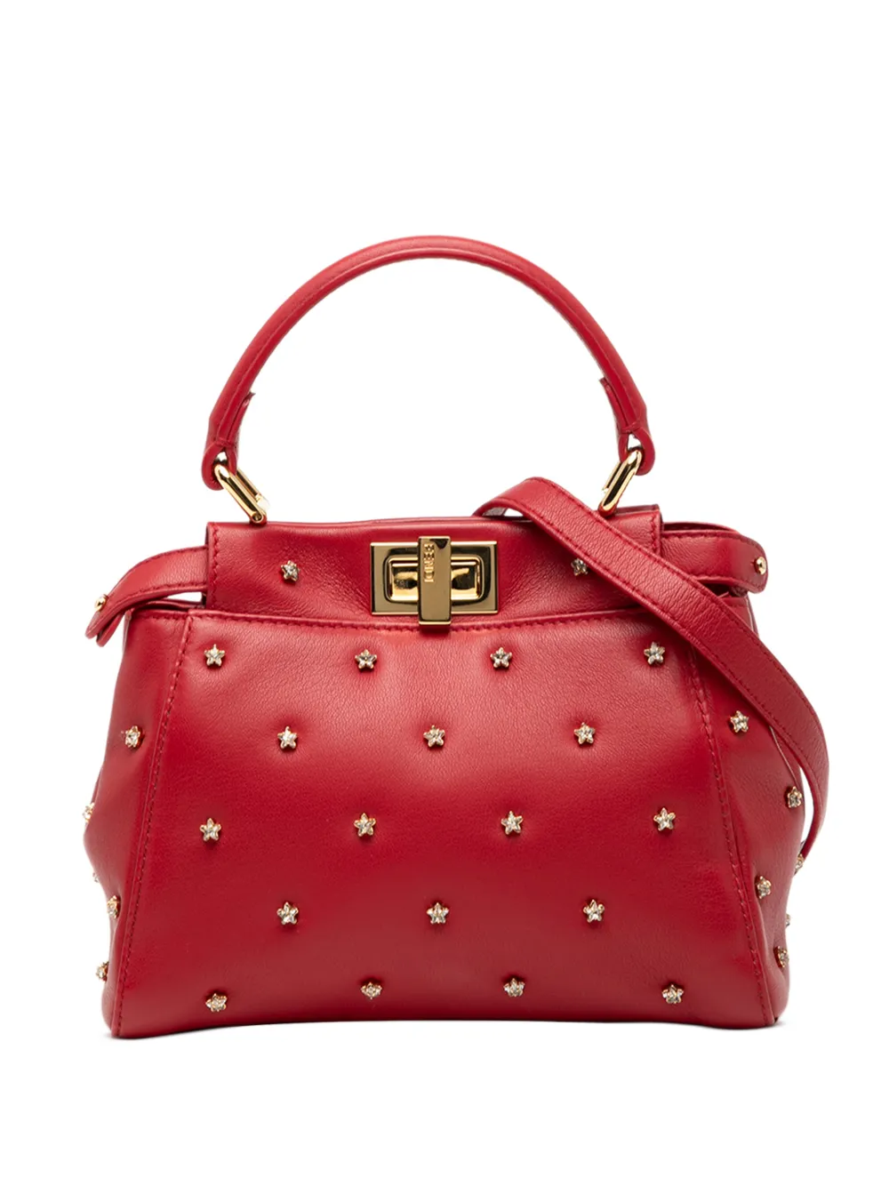 Pre-owned Fendi 2000-2010 Xs Crystal Star Studded Peekaboo Iconic Satchel In Red