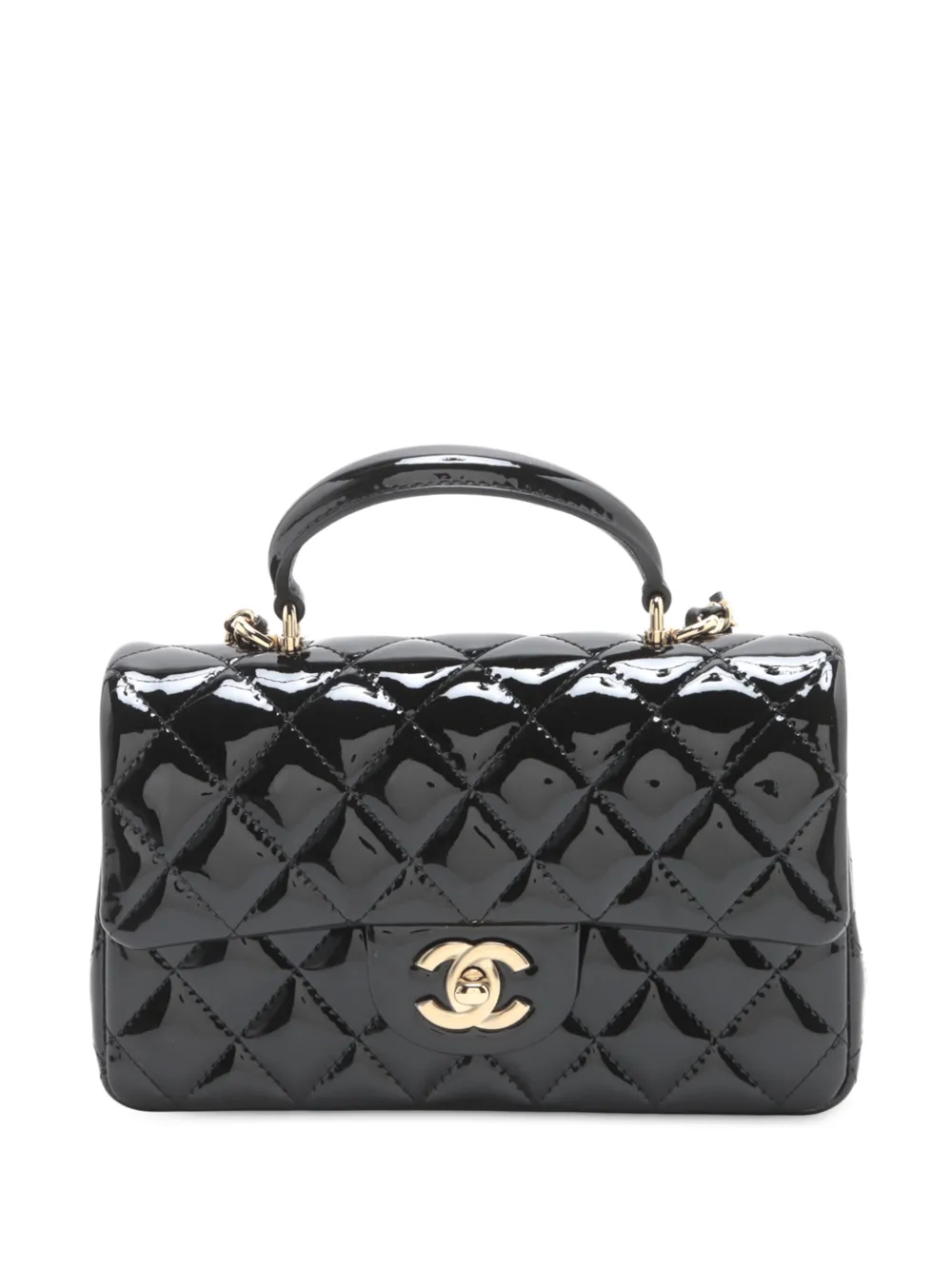 Pre-owned Chanel 2021-2025 Mini Rectangular Classic Patent Top Handle Flap Satchel In Black