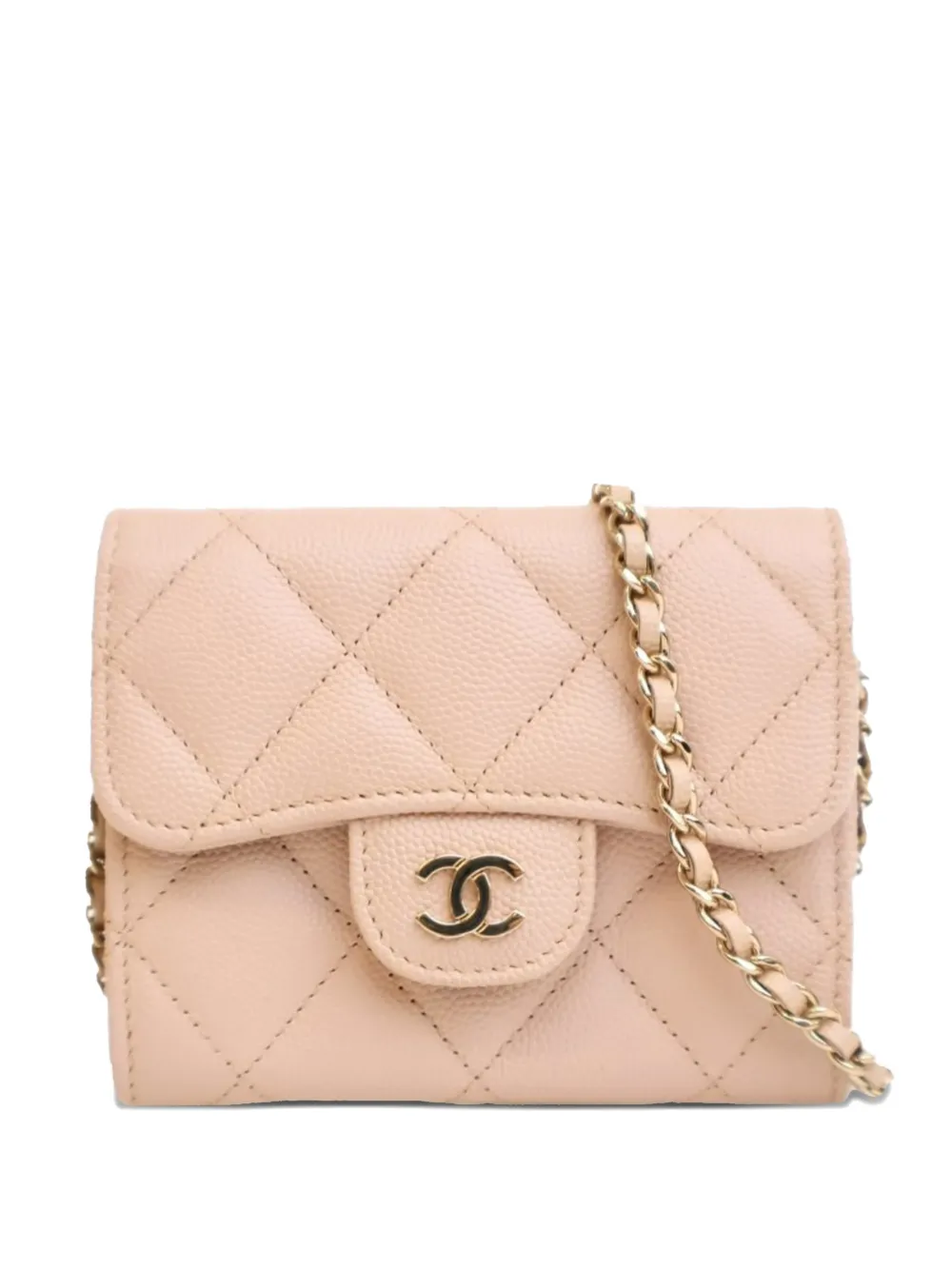 Pre-owned Chanel 2021 Cc Quilted Caviar Flap Card Holder On Chain Crossbody Bag In Brown