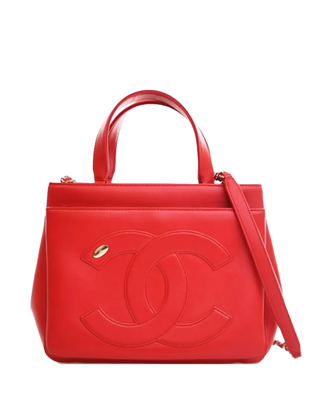 Pre-owned Chanel 2019 Small Lambskin Cc Mania Shopping Tote Satchel In Red