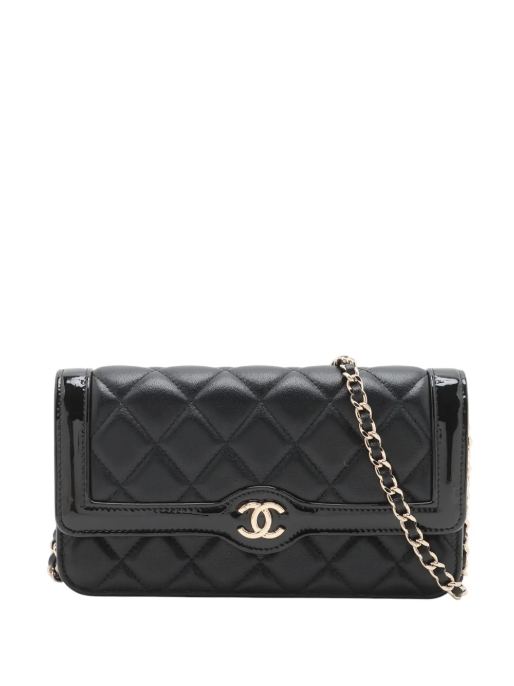 Pre-owned Chanel 2021-2025 Cc Quilted Lambskin And Patent Flap Phone Holder Crossbody Bag In Black