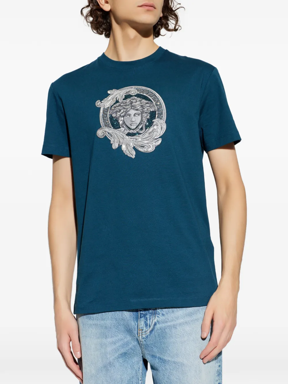 Versace Katoenen jersey T-shirt met borduurwerk Blauw