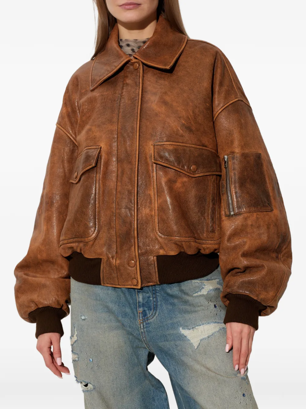  Amiri Pockets Zip-up Leather Jacket - Brown 