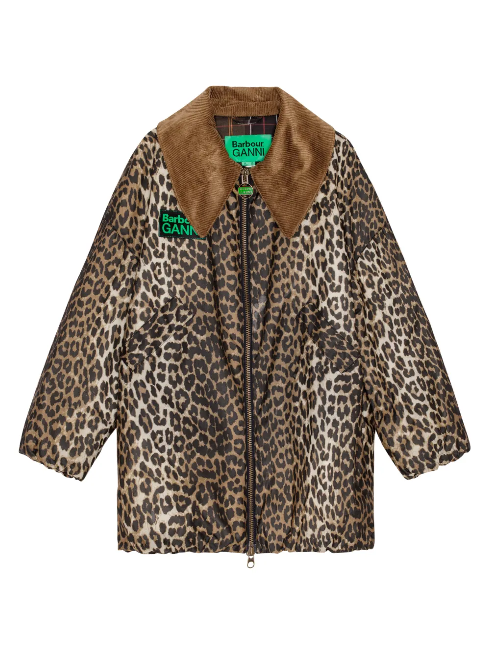 GANNI x Barbour leopard-print corduroy-collar coat - Brown