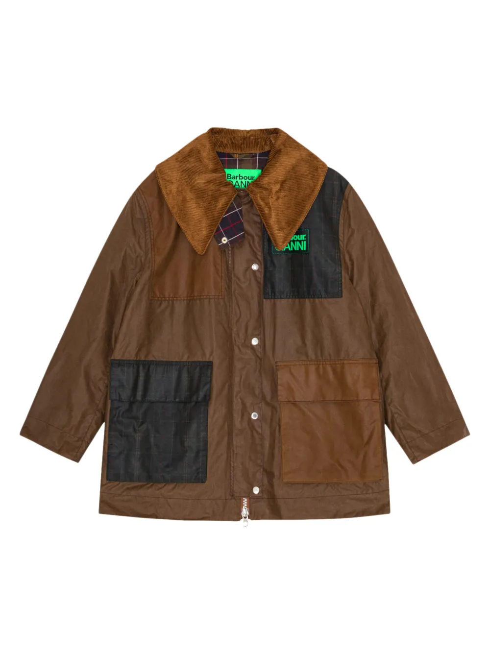 GANNI x Barbour corduroy-collar patchwork coat - Brown