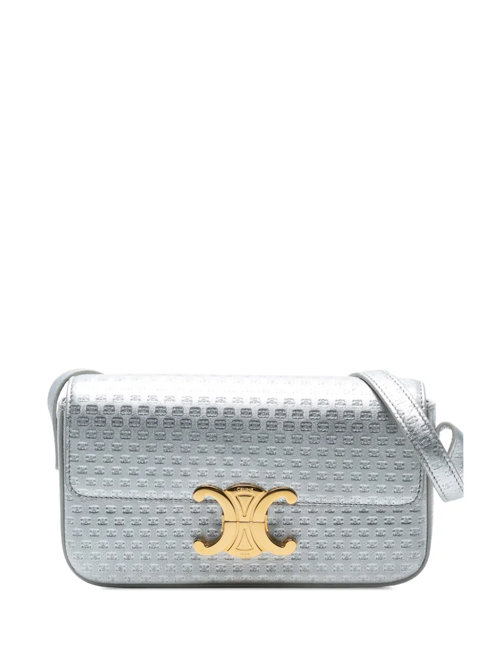 Pre-owned Celine 2023 Triomphe All Over Laminated Calfskin Claude Shoulder Bag In Silver