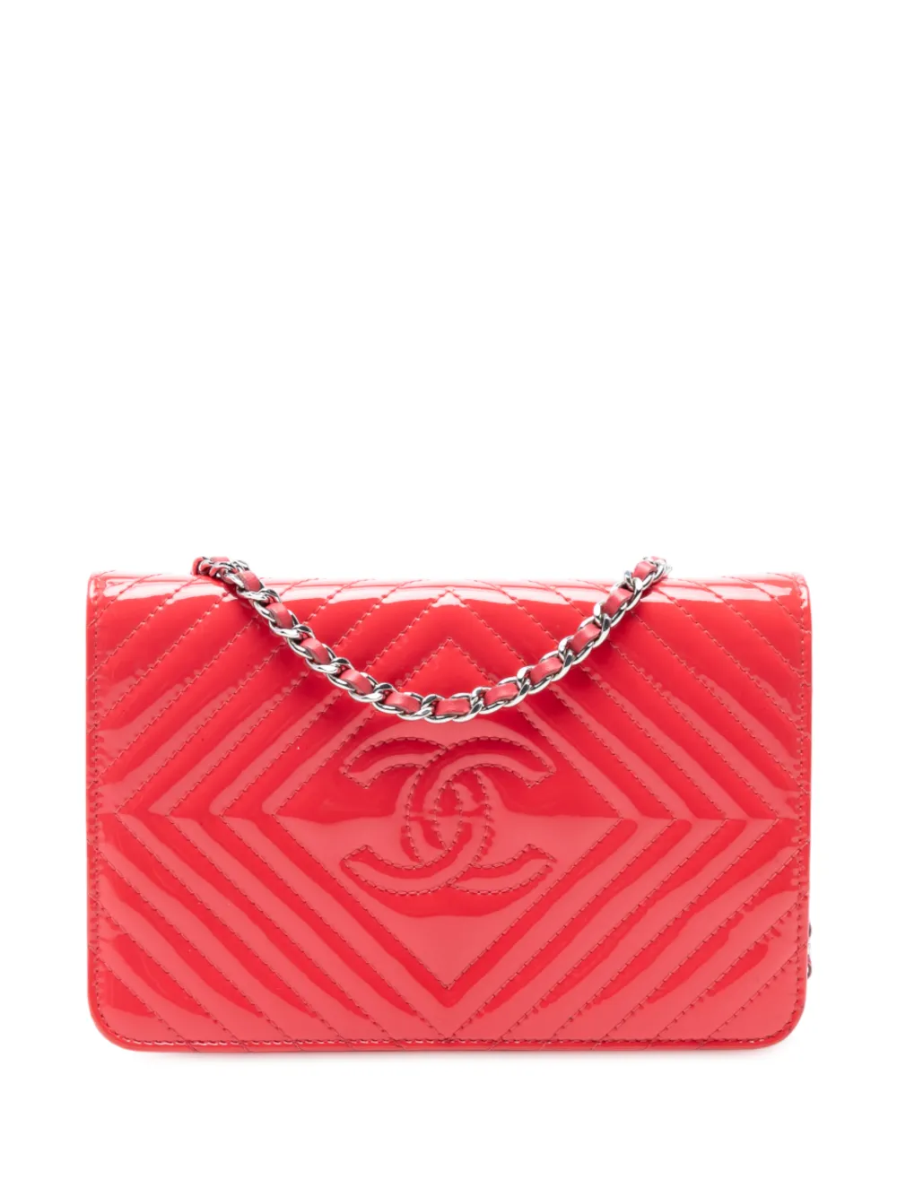 CHANEL Pre-Owned 2015-2016 CC Patent Diamond Quilted Wallet On Chain crossbody bag - Rosso