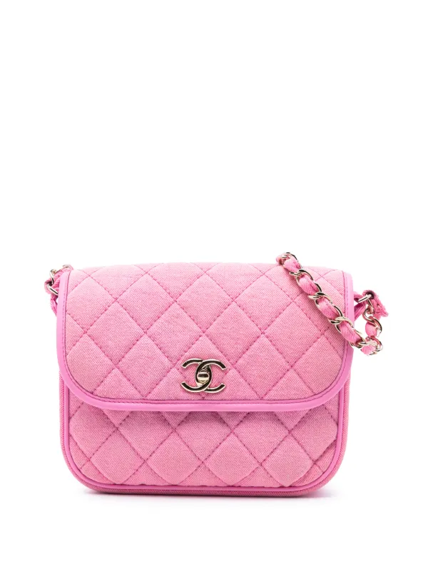 Chanel Pre-owned 2021 Small CC Quilted Denim Messenger Flap Crossbody Bag in Pink