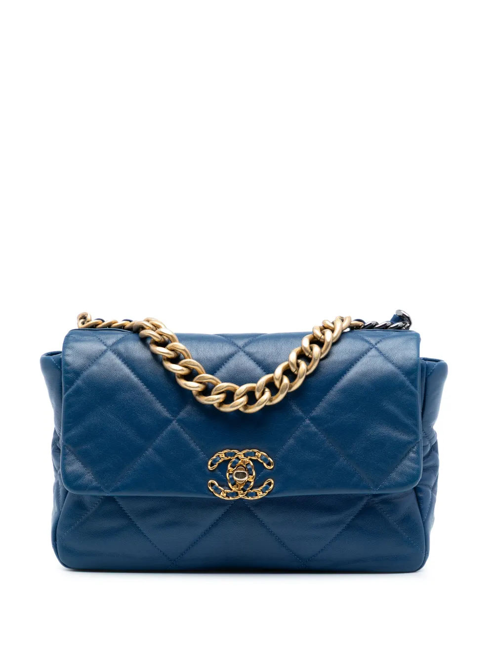 Pre-owned Chanel 2019 Large Lambskin 19 Flap Satchel In Blue
