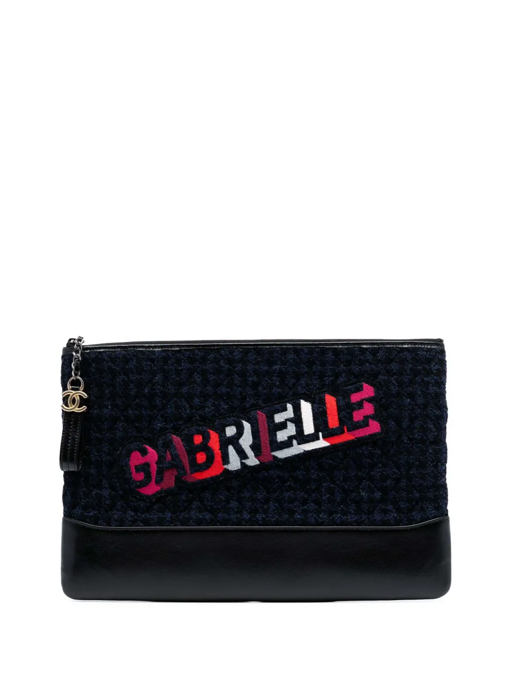 Pre-owned Chanel 2017-2018 Large Tweed And Calfskin Embroidered Gabrielle O Case Clutch Bag In Blue