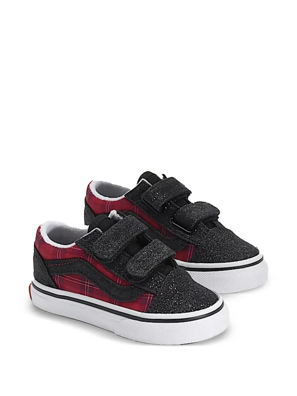 Vans Kids Old Skool V tartan glittered-strap sneakers Rood