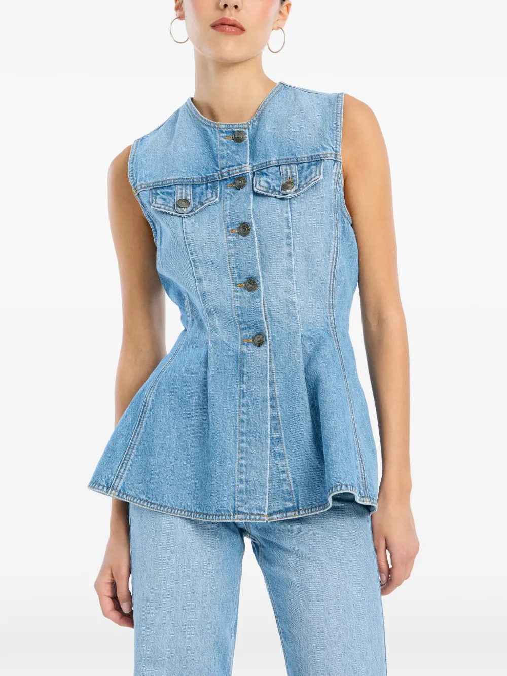 Rotate Birger Christensen Flared Denim Top In Blue