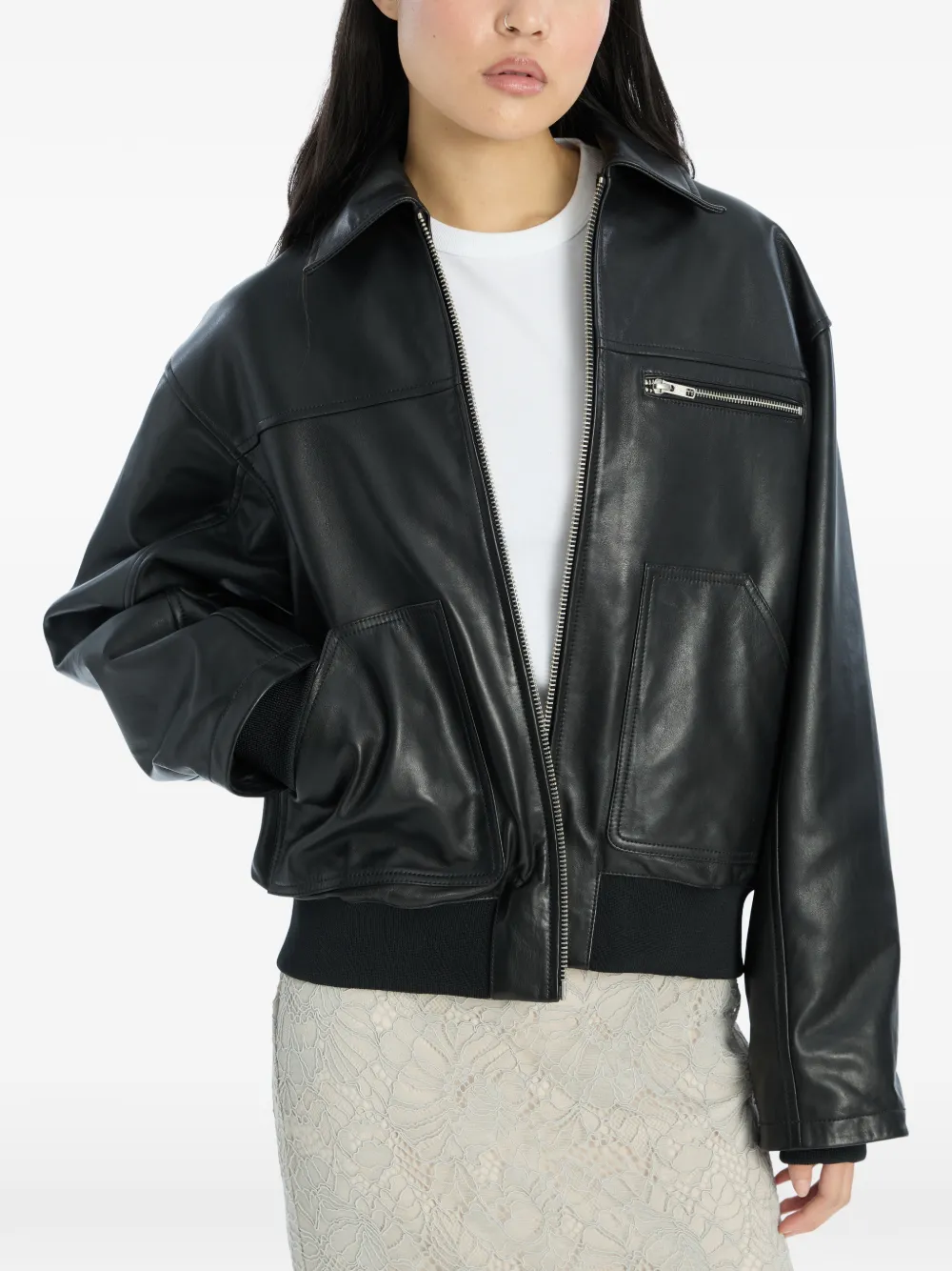 Zip Leather Bomber Jacket