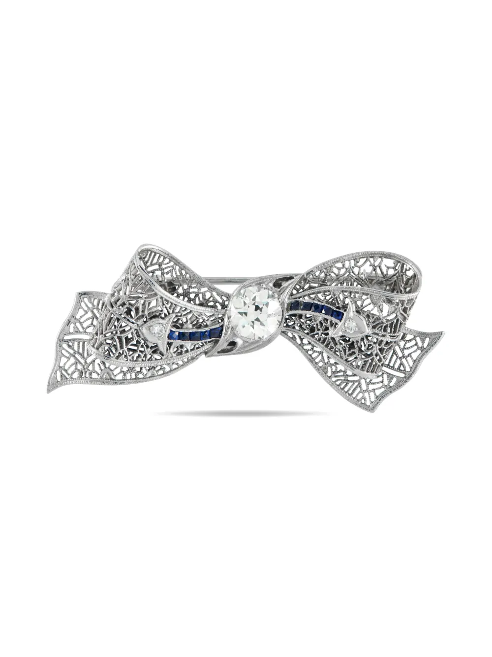 Pre-owned Lb Exclusive Platinum Diamond Sapphire Art Deco Bow Brooch In Silver