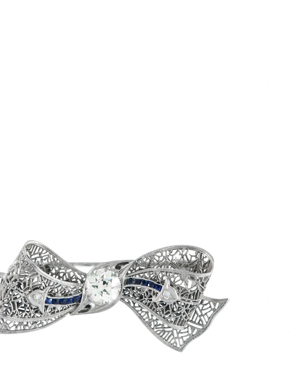 Pre-owned Lb Exclusive Platinum Diamond Sapphire Art Deco Bow Brooch In Silver