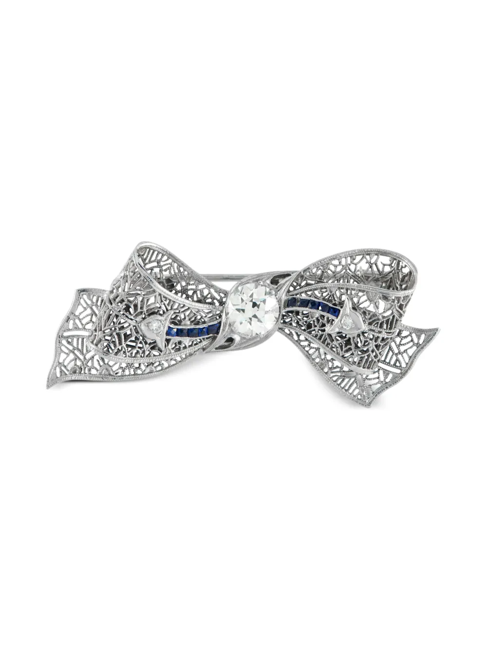 LB Exclusive platinum diamond sapphire art deco bow brooch - Argento