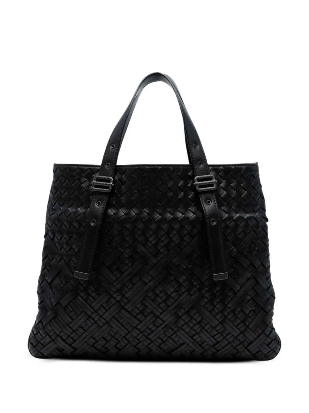 Pre-owned Bottega Veneta 2012-2025 Nappa Intrecciato Belted Flat Tote Bag In Black