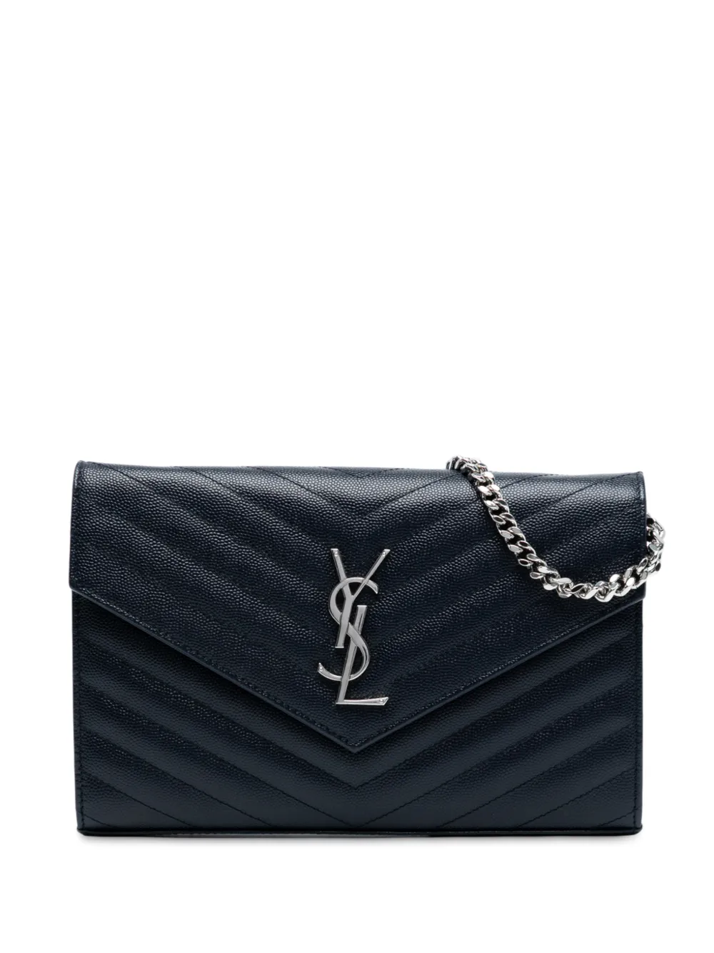 Pre-owned Saint Laurent 2018 Grain De Poudre Matelasse Chevron Monogram Chain Wallet Crossbody Bag In Blue