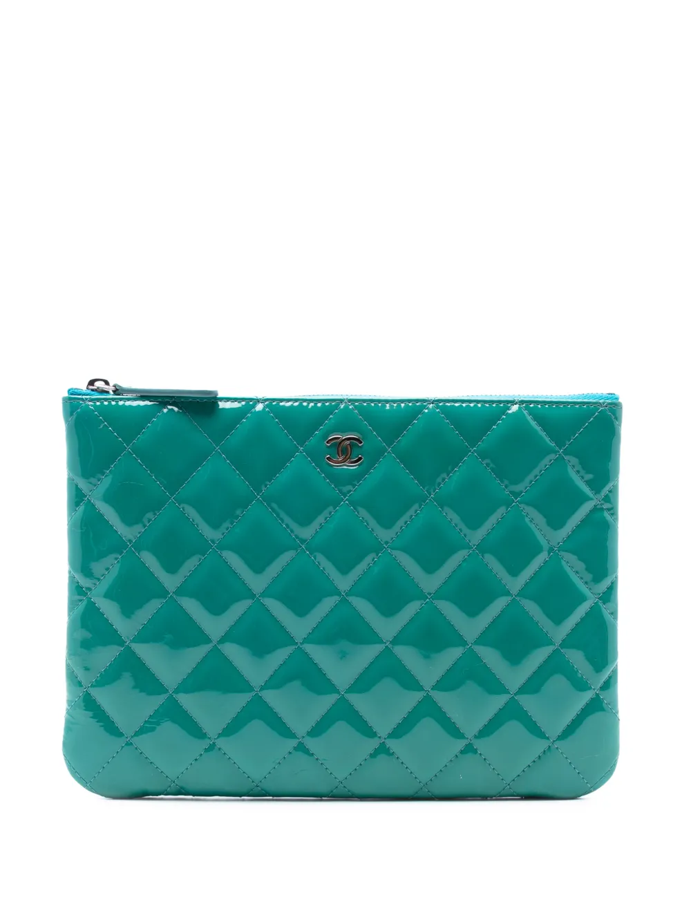 Pre-owned Chanel 2014-2015 Small Cc Quilted Patent O Case Clutch Bag In Blue