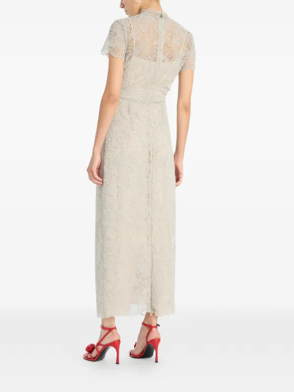 navy and cream lace dress Blue Floral Jacquard Dress with Lace Hem – Vintage Fairytale Elegance Dress / XS main image 1