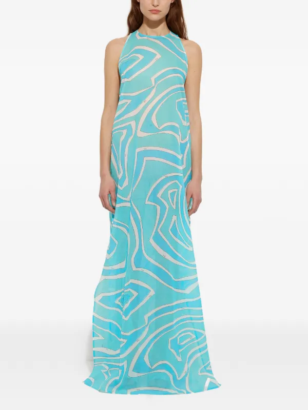 Pucci - Labirinto Print Long Cotton Dress - Size: 40 - Turquoise - in Cotton