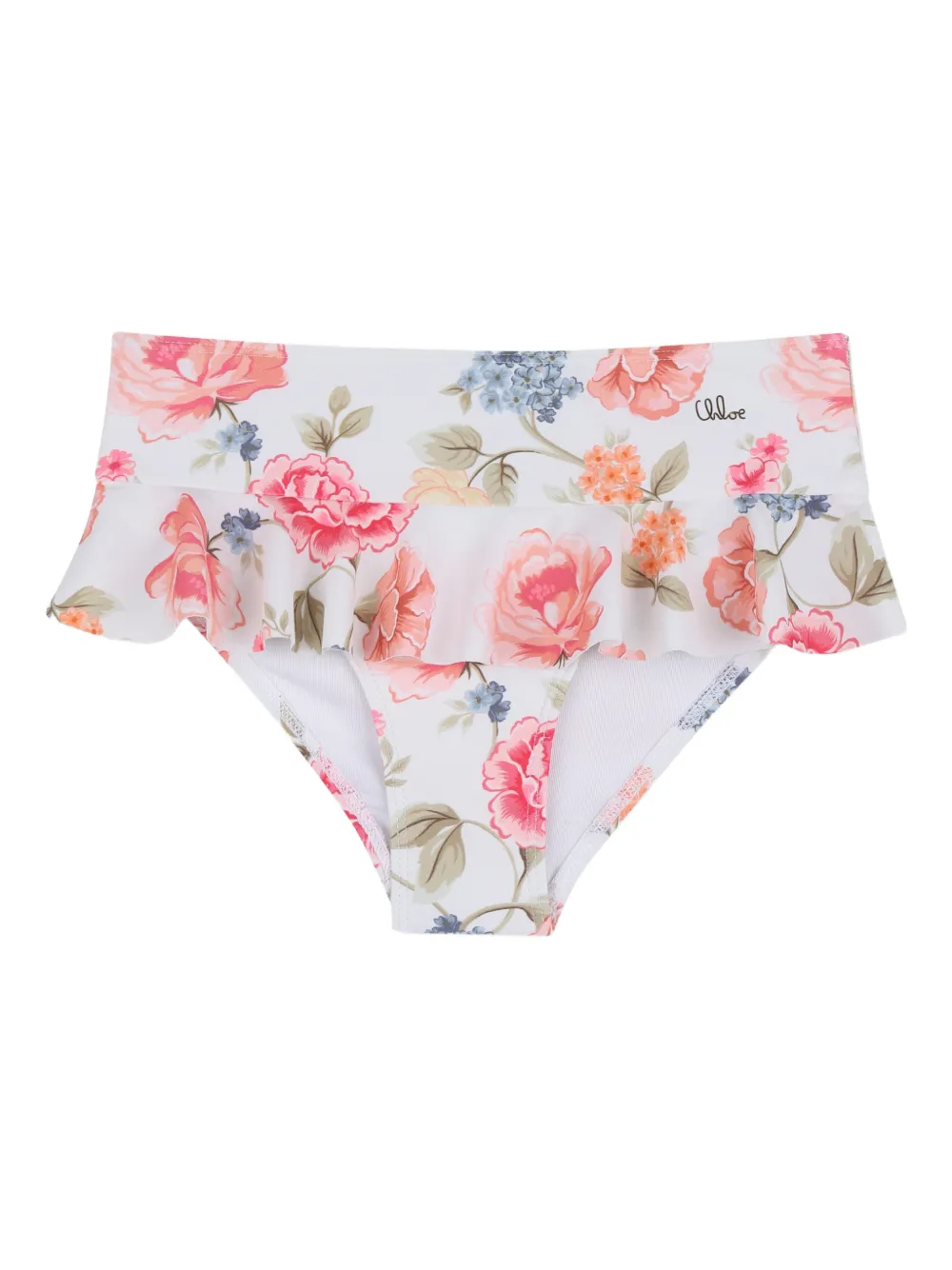 Chloé Kids Badpak met bloemenprint en ruches Wit