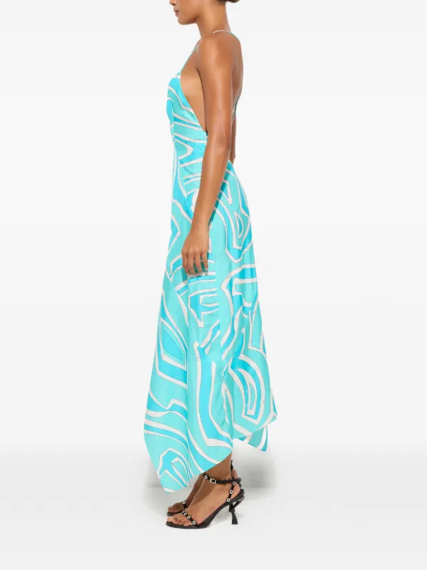 Pucci - Labirinto Print Silk Twill Dress - Size: 44 - Turquoise - In Silk Twill