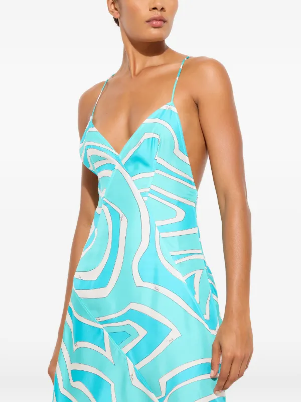Pucci - Labirinto Print Silk Twill Dress - Size: 44 - Turquoise - In Silk Twill