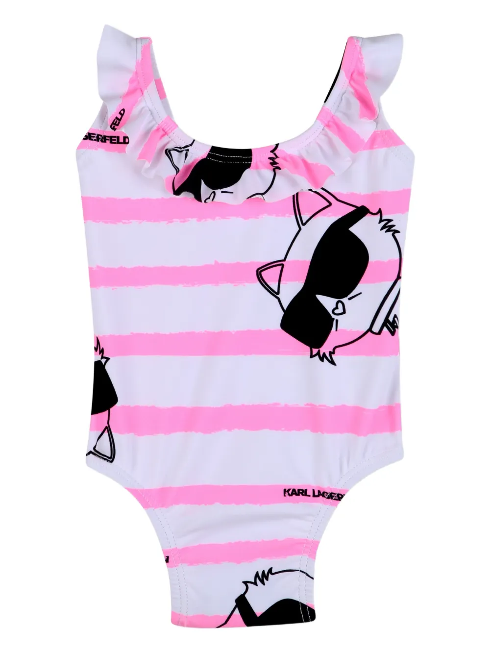 Karl Lagerfeld Kids Ikon Choupette striped ruffled swimsuit - Weiß