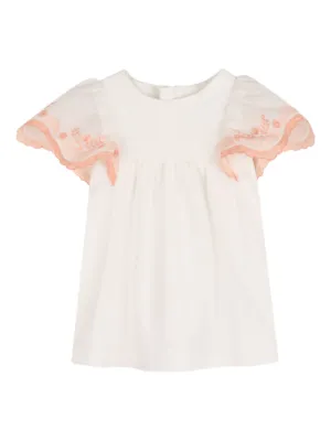 chloe kids logo embroidered dress Chloé Kids Beige Knit Dress with White Floral Embroideries and Gold Lo –  Sellier main image 1