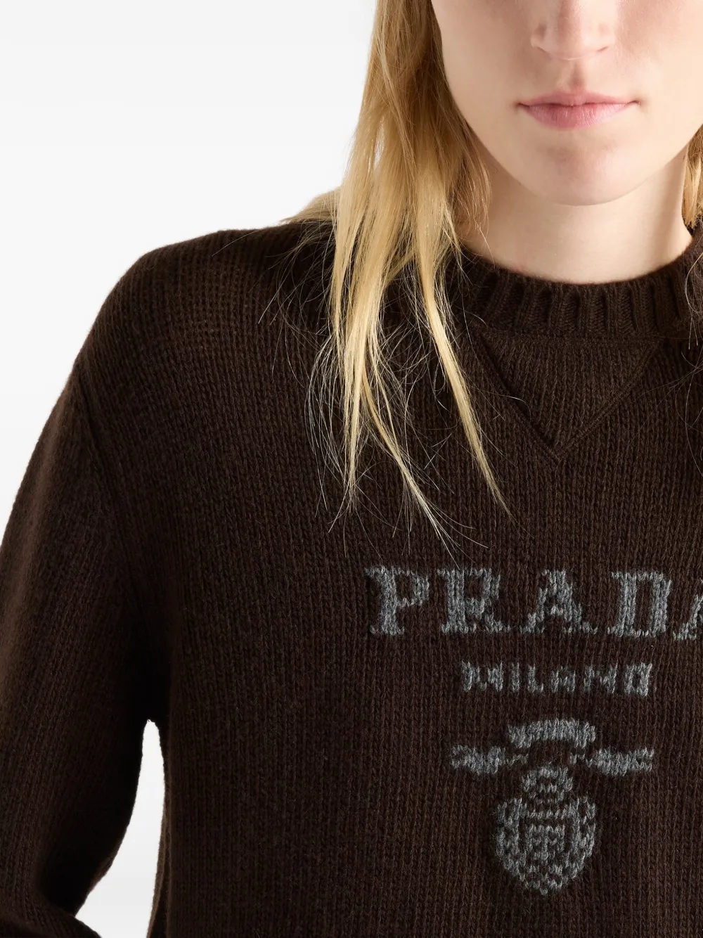Prada Trui met ronde hals en logo Bruin