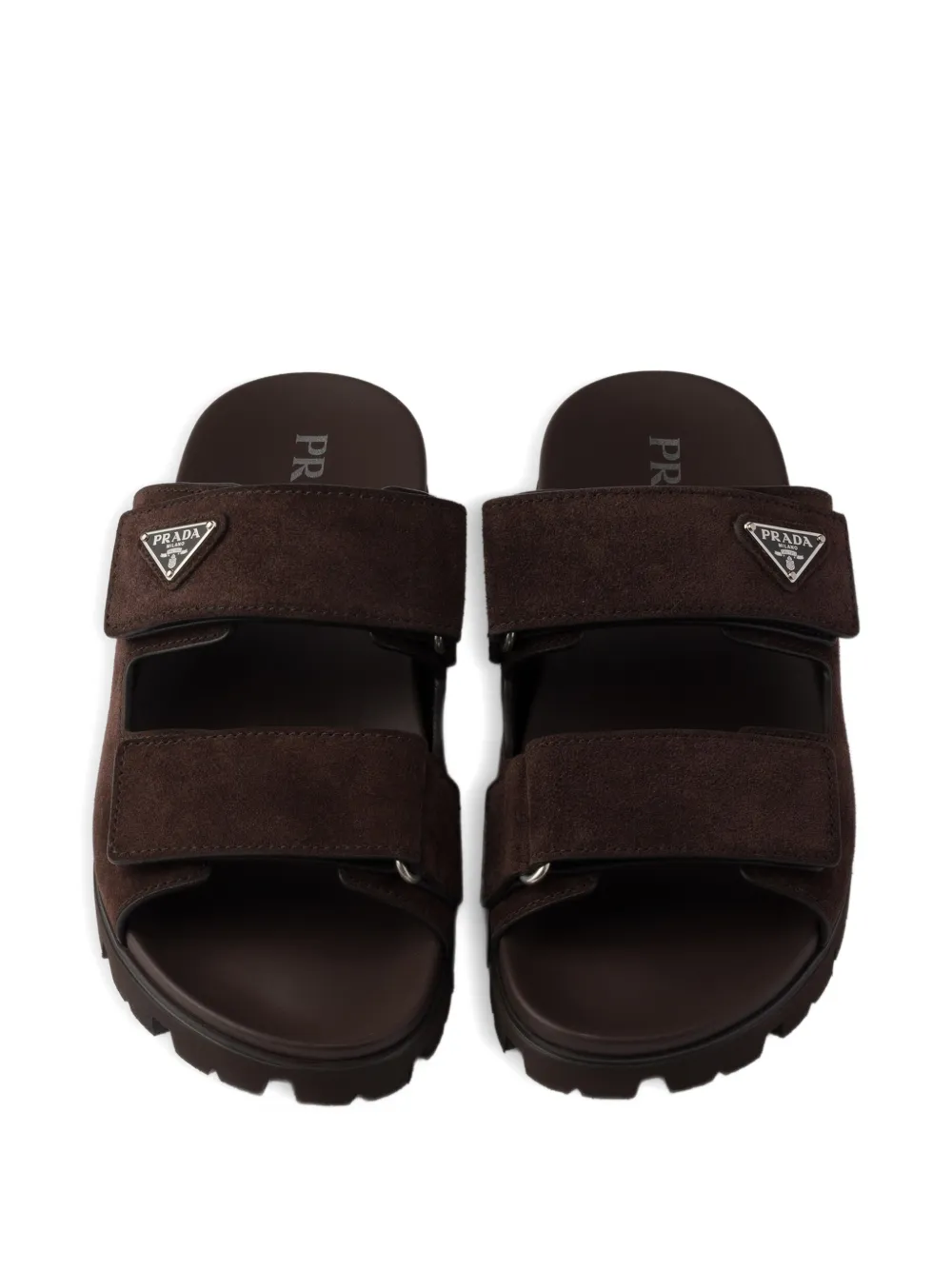 Prada Double Strap Open Toe Leather Sandals In Brown