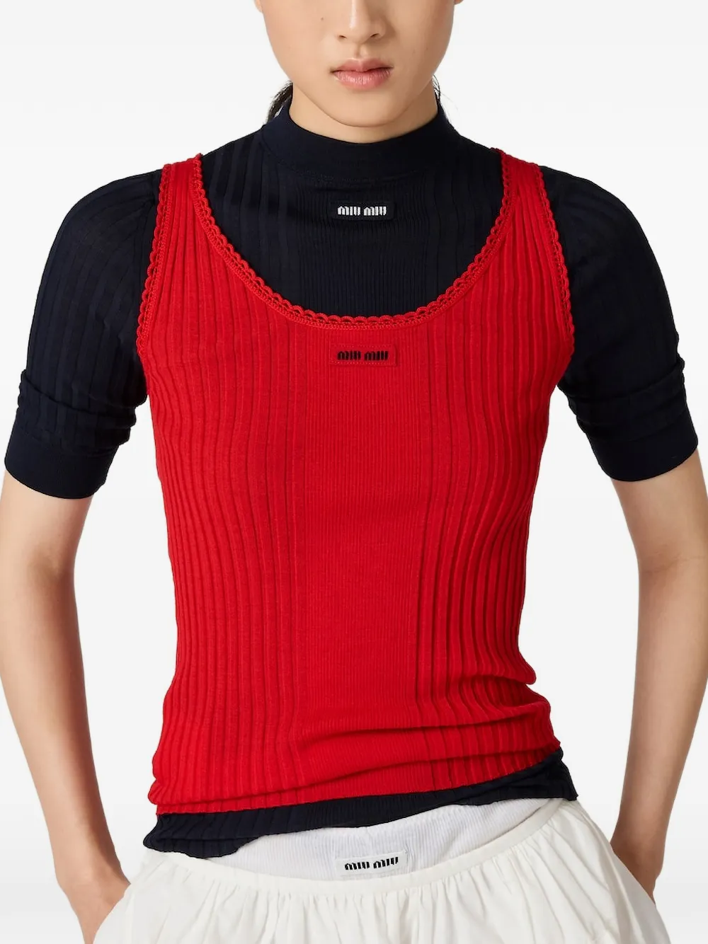 Miu Geribbelde tanktop met gehaakte afwerking Rood
