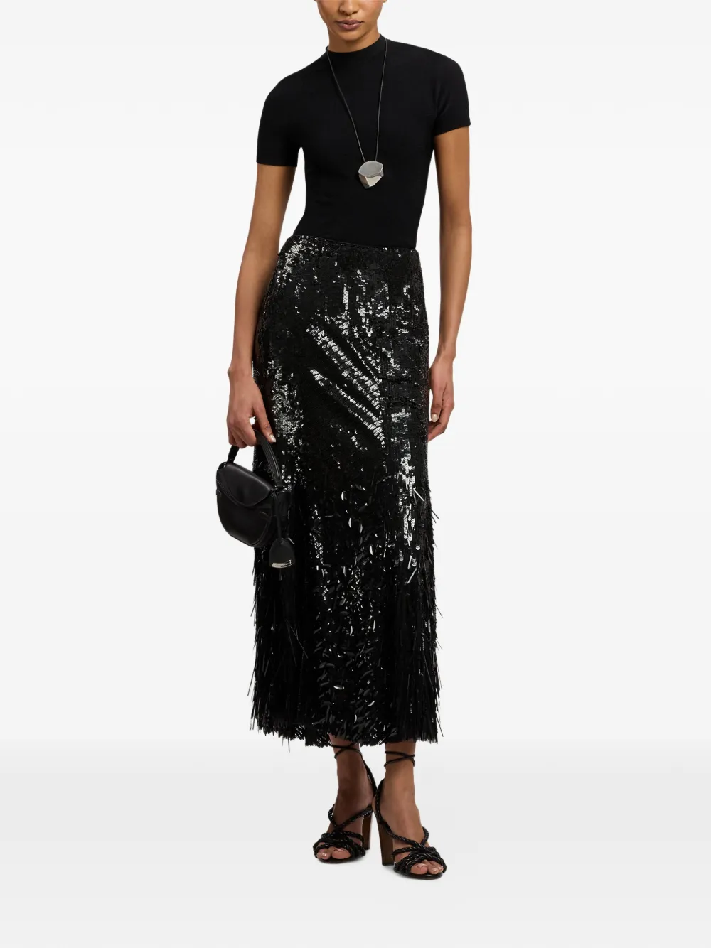 Ralph Lauren Collection Midi-rok met pailletten en franje Zwart