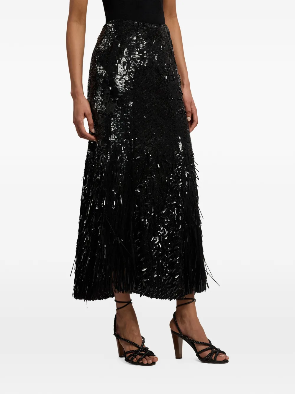 Ralph Lauren Collection Midi-rok met pailletten en franje Zwart