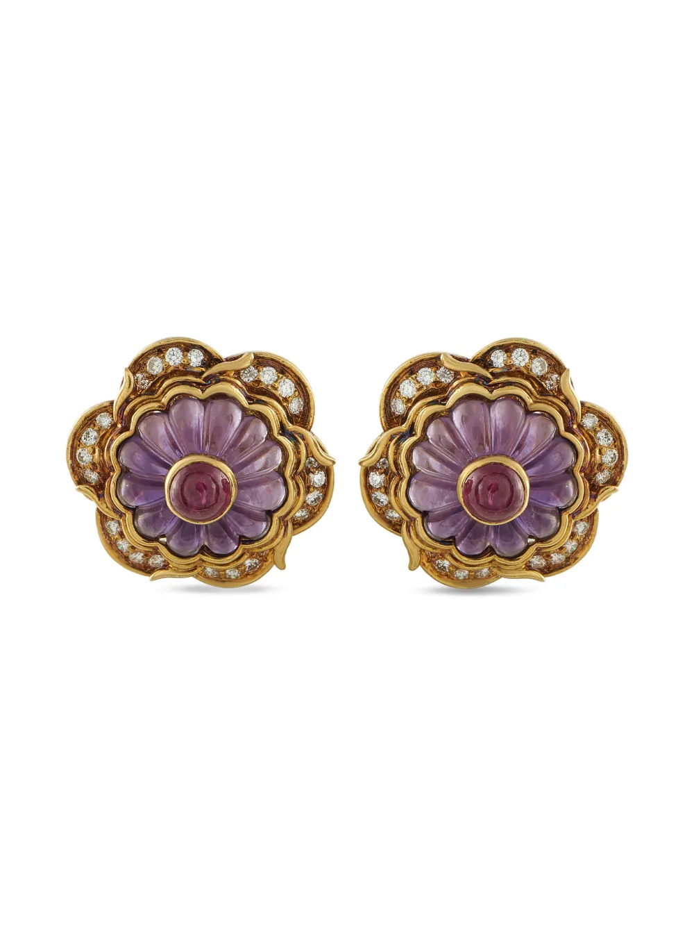 Harry Winston 18K Yellow gold diamond amethyst ruby flower clip-on earrings - Oro