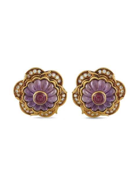 Harry Winston 18K Yellow gold diamond amethyst ruby flower clip-on earrings