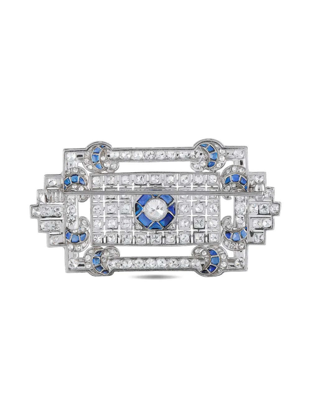 Pre-owned Lb Exclusive Platinum Rectangle Diamond And Sapphire Brooch In Silver