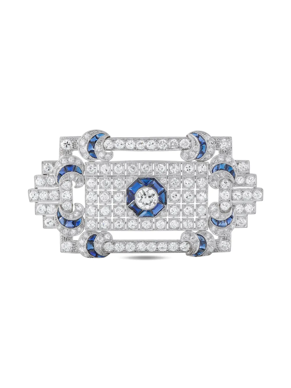 Pre-owned Lb Exclusive Platinum Rectangle Diamond And Sapphire Brooch In Silver