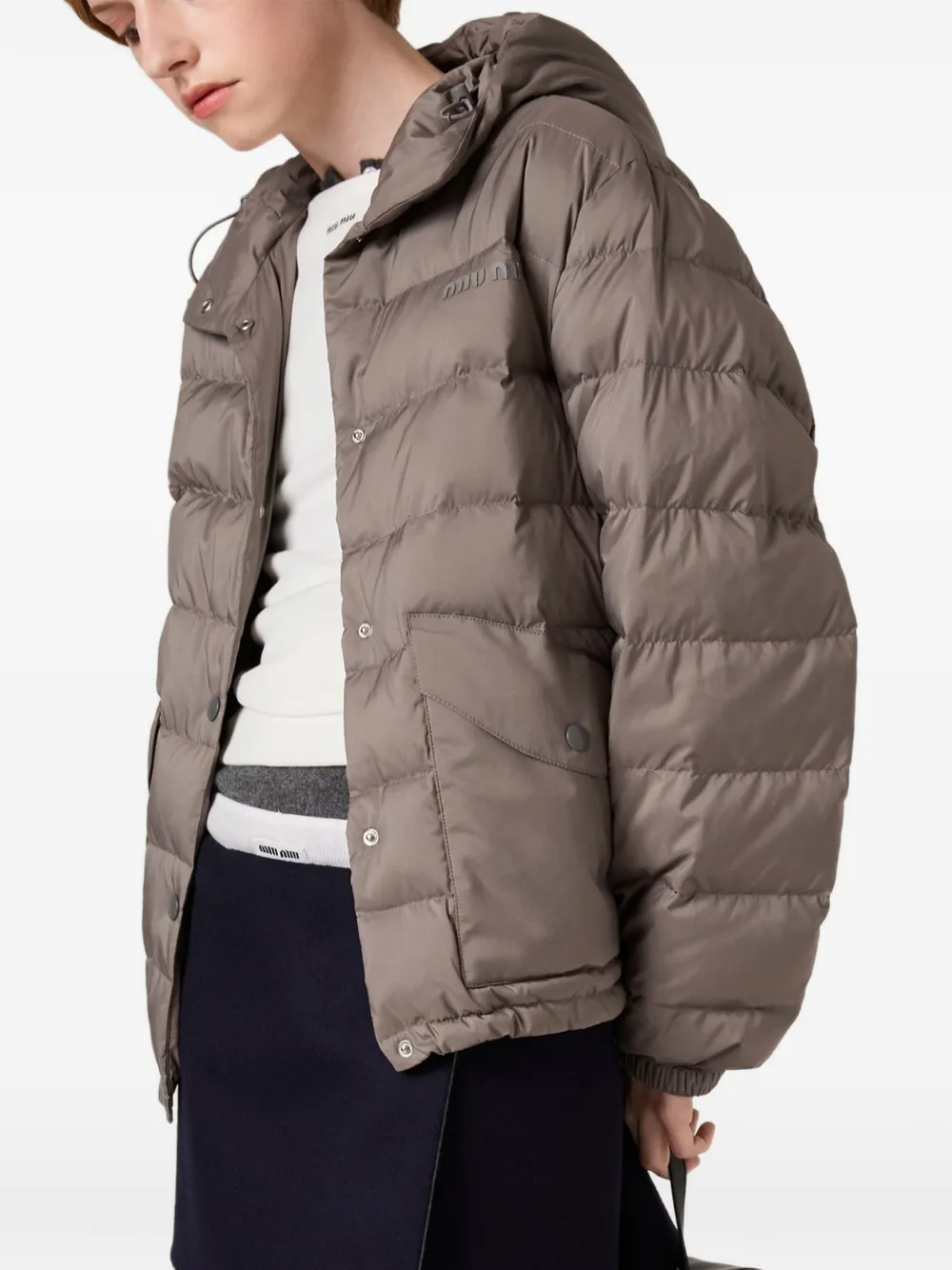 Miu Miu Hooded Down Jacket In Brown