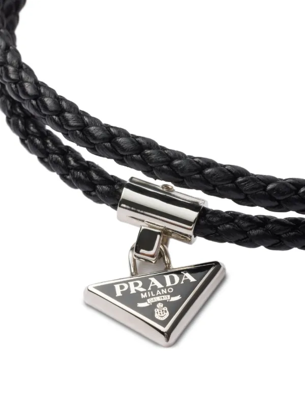Prada triangle-logo Leather Bracelet | Silver | FARFETCH