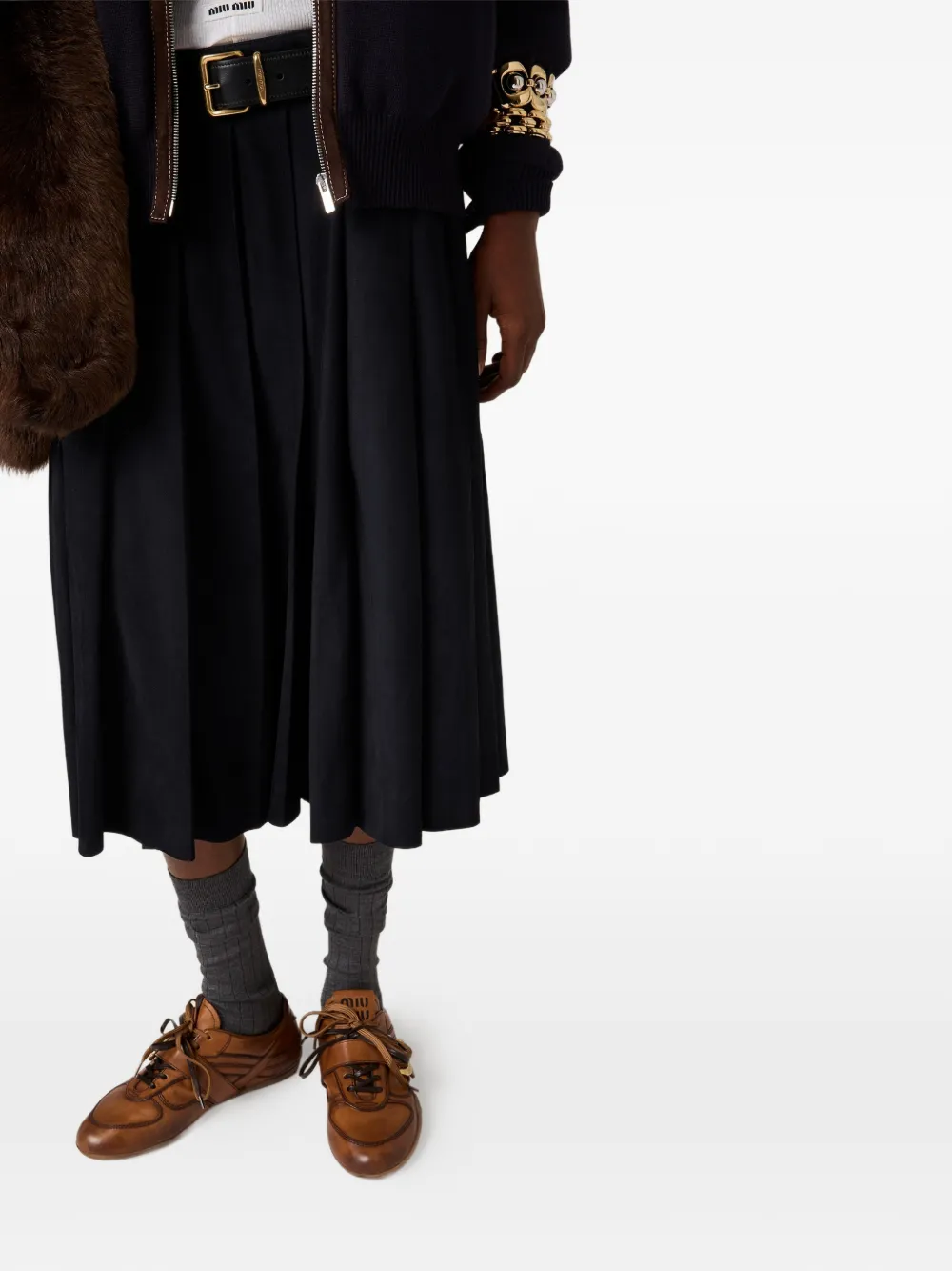 Miu Miu Pleated Suede Midi Skirt In Black