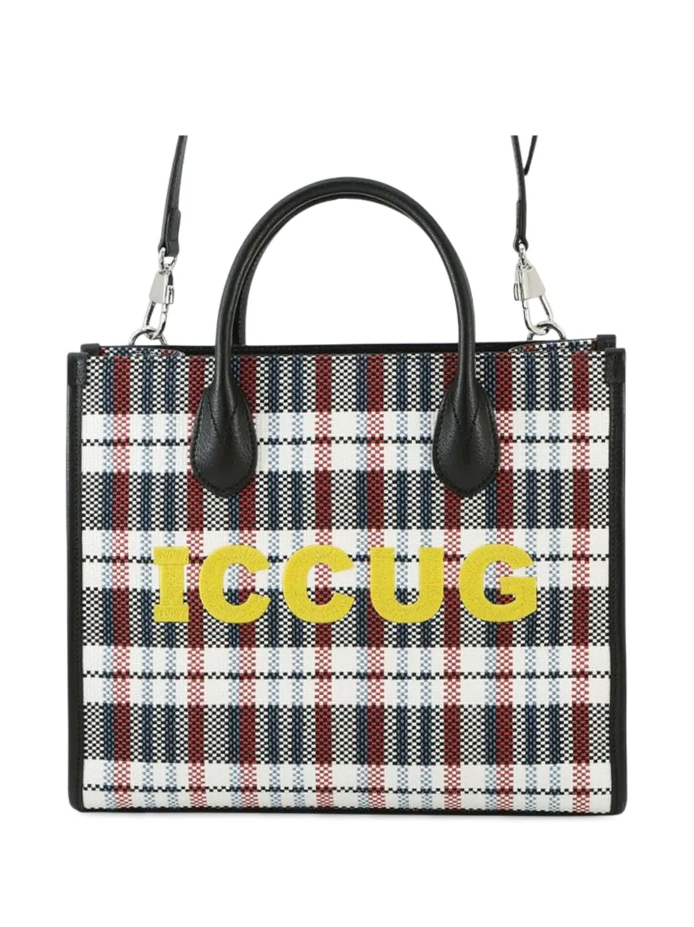 Gucci Pre-Owned 2016-2025 Freya Hartas Canvas ICCUG Logo Embroidered Plaid Tote satchel - Brown