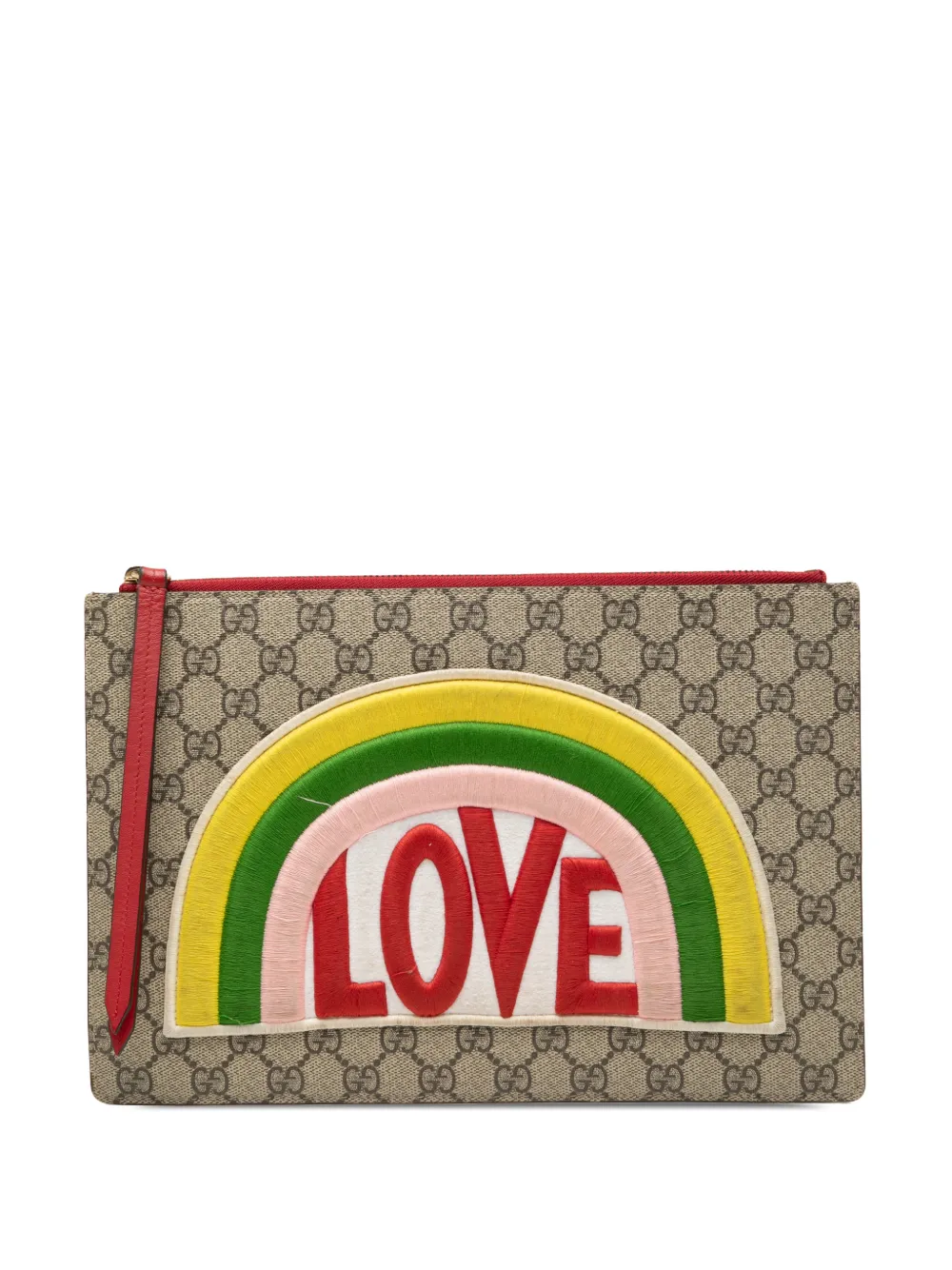 Pre-owned Gucci 2016-2025 Gg Supreme Rainbow Love Patch Clutch Bag In Brown