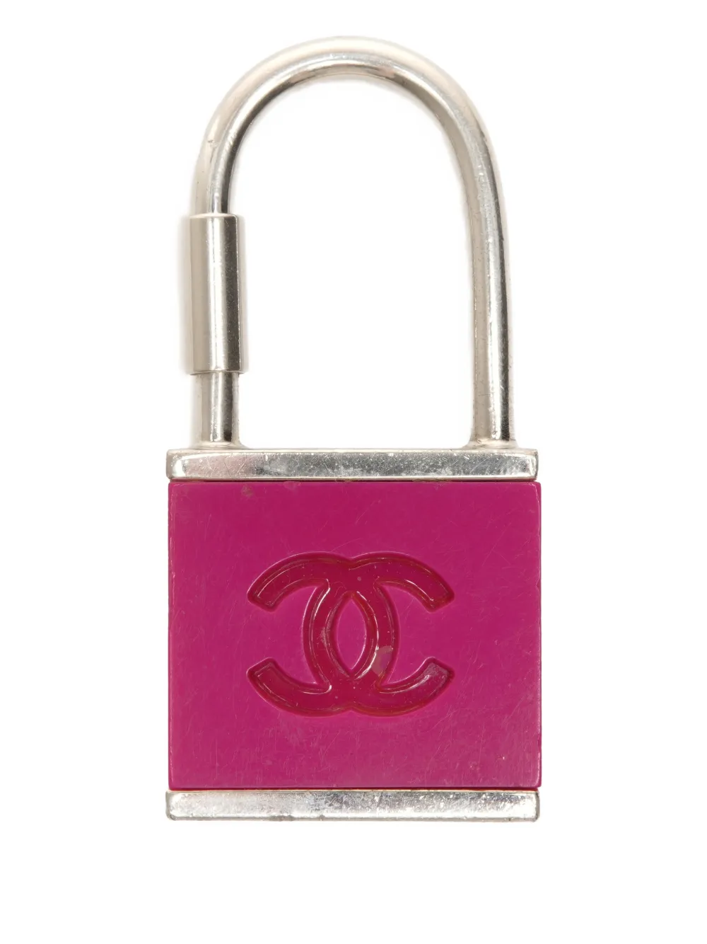 Pre-owned Chanel 2002 Interlocking Cc Padlock Keyring In Silver