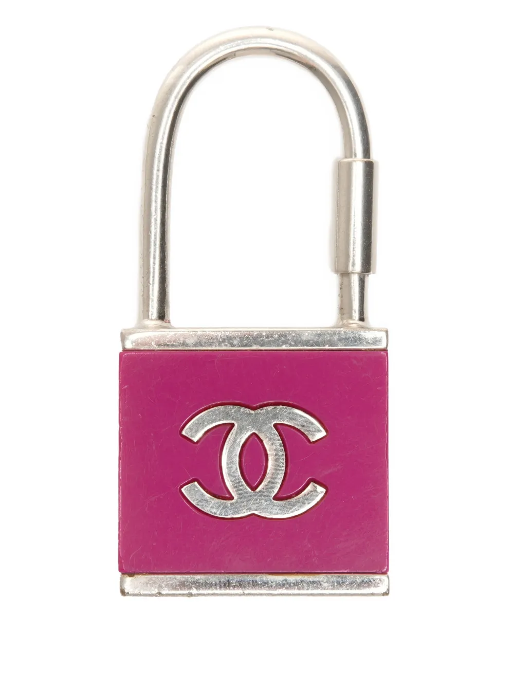 Pre-owned Chanel 2002 Interlocking Cc Padlock Keyring In Silver