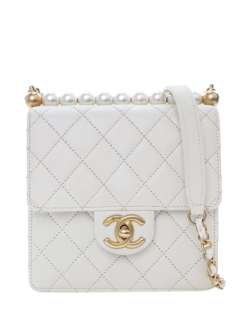 Pre-owned Chanel 2019 Small Quilted Lambskin Chic Pearls Flap Crossbody Bag In White